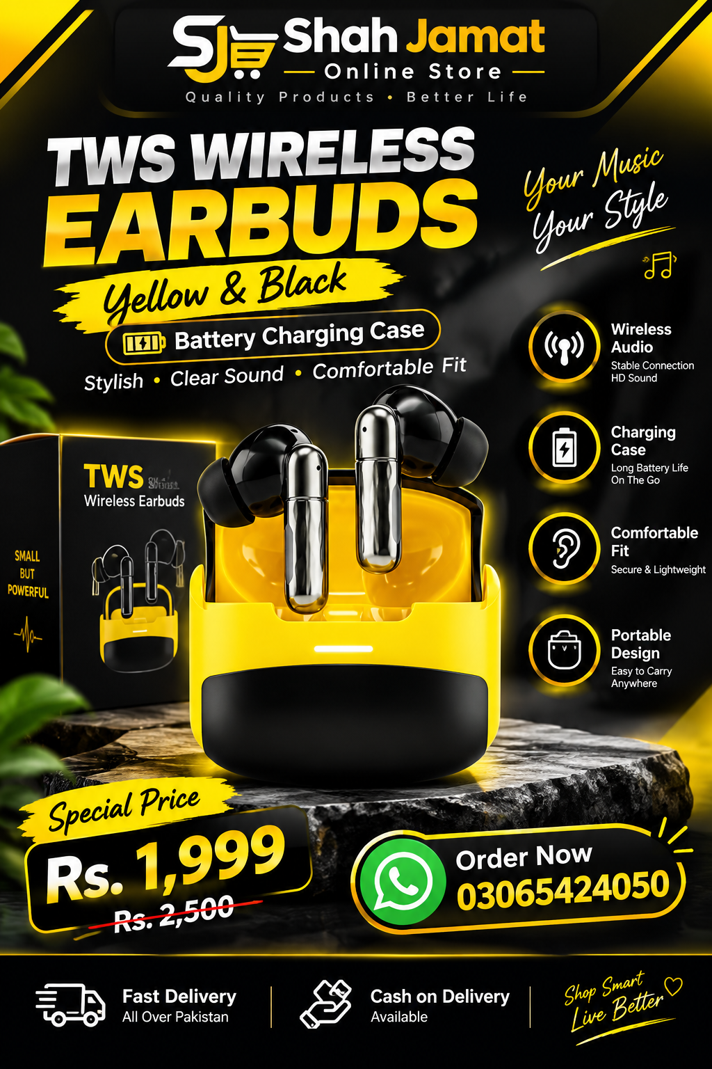 TWS Wireless Earbuds Yellow Black Battery Charging