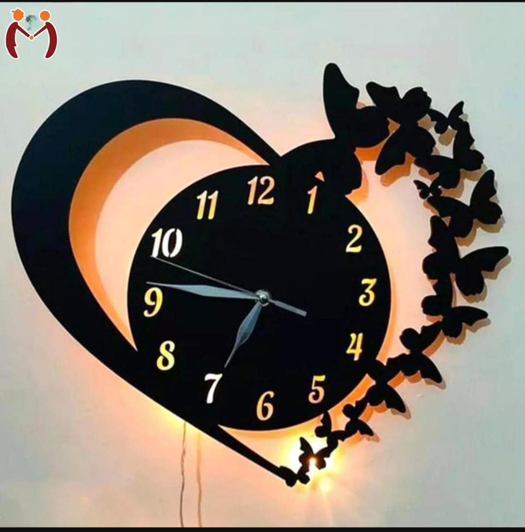 Heart & Butterfly Wall Clock Black Battery Operated