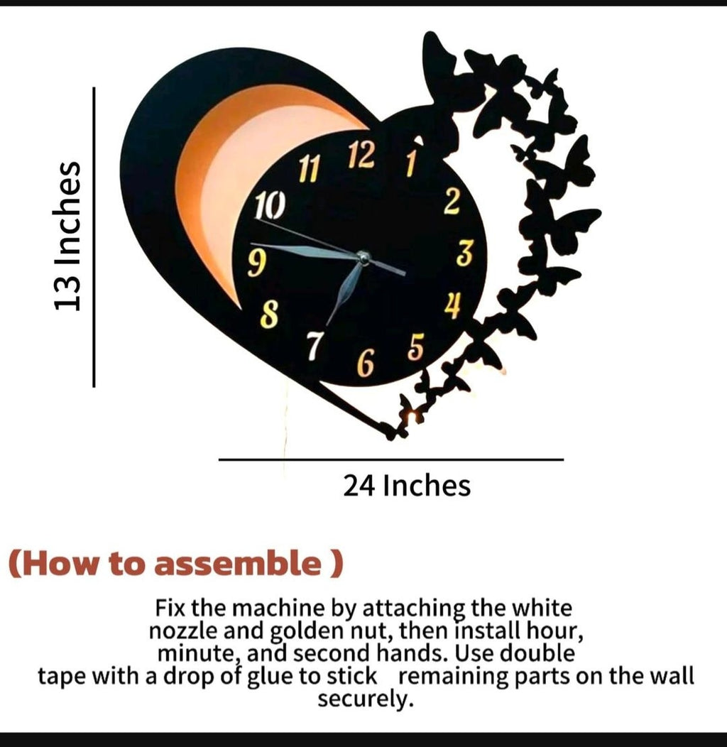 Heart & Butterfly Wall Clock Black Battery Operated