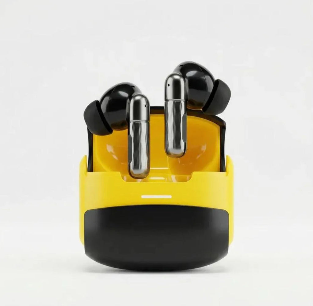 TWS Wireless Earbuds Yellow Black Battery Charging
